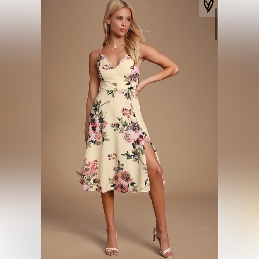 Lulus Emilee Cream Floral Print Midi Dress